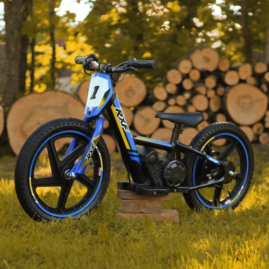 Electric Bike Apollo Sedna 16 Rxf features a sleek blue and black design, suitable for fun rides.