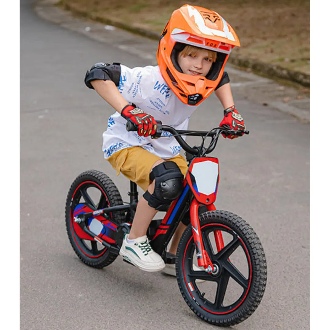 Electric Bike Apollo Sedna 16 Rxf features a vibrant design, suitable for kids, with safety gear included.