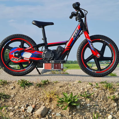 Electric Bike Apollo Sedna 16 Rxf features a sleek red and blue design, robust tires, and a compact frame.