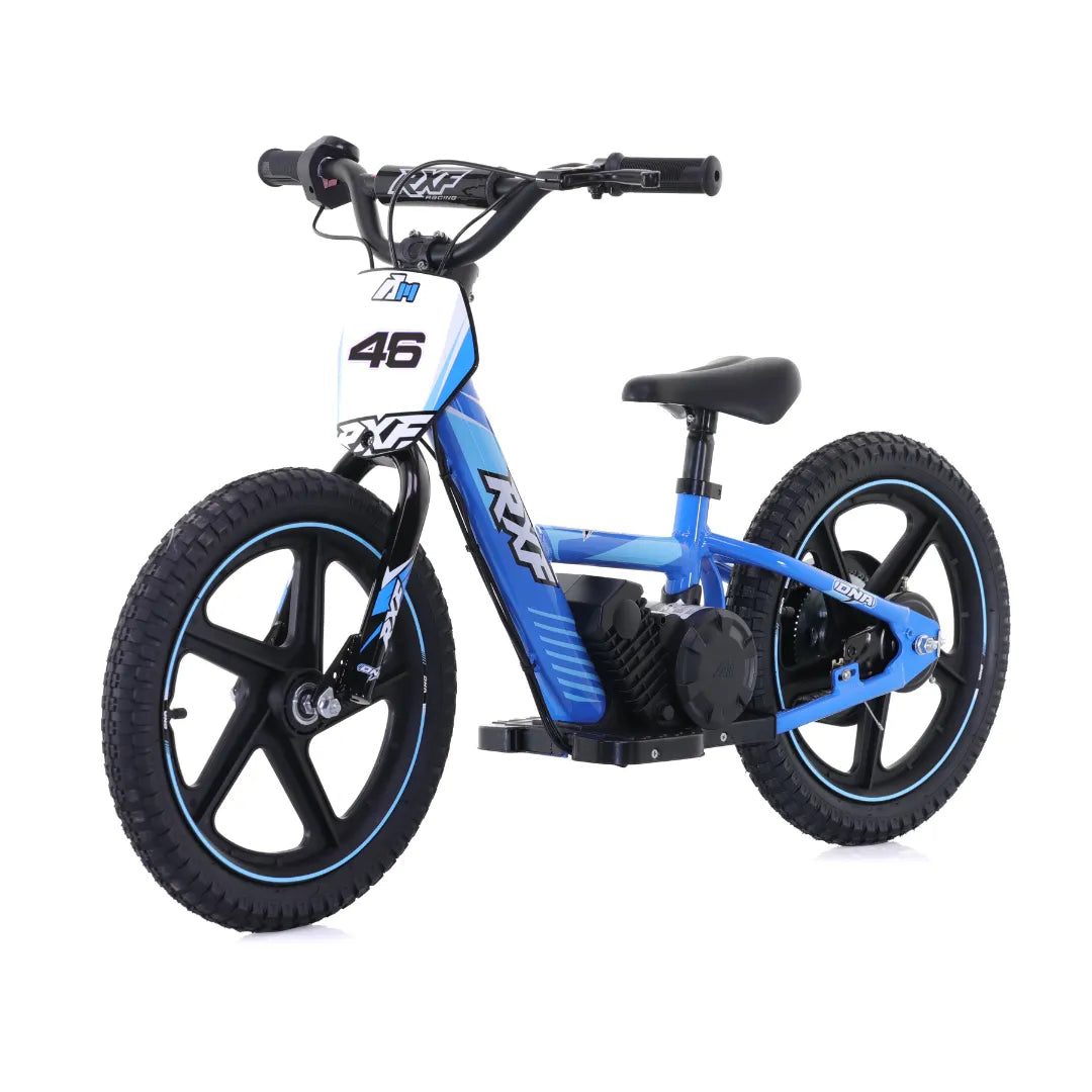 Electric Bike Apollo Sedna 16 Rxf features a blue frame, wide tires, and a sleek design for young riders.