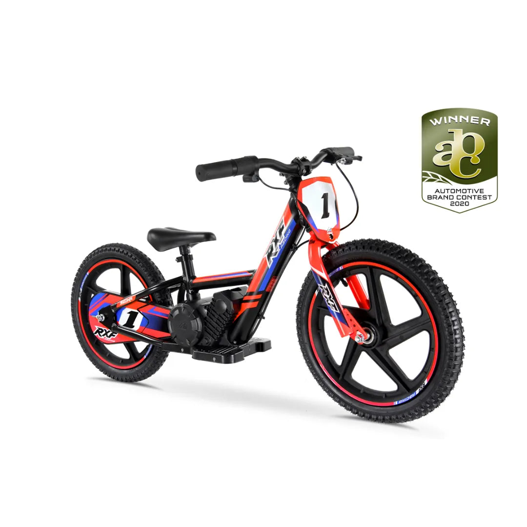 The Electric Bike Apollo Sedna 16 Rxf features a vibrant red and blue design, sturdy frame, and wide tires.