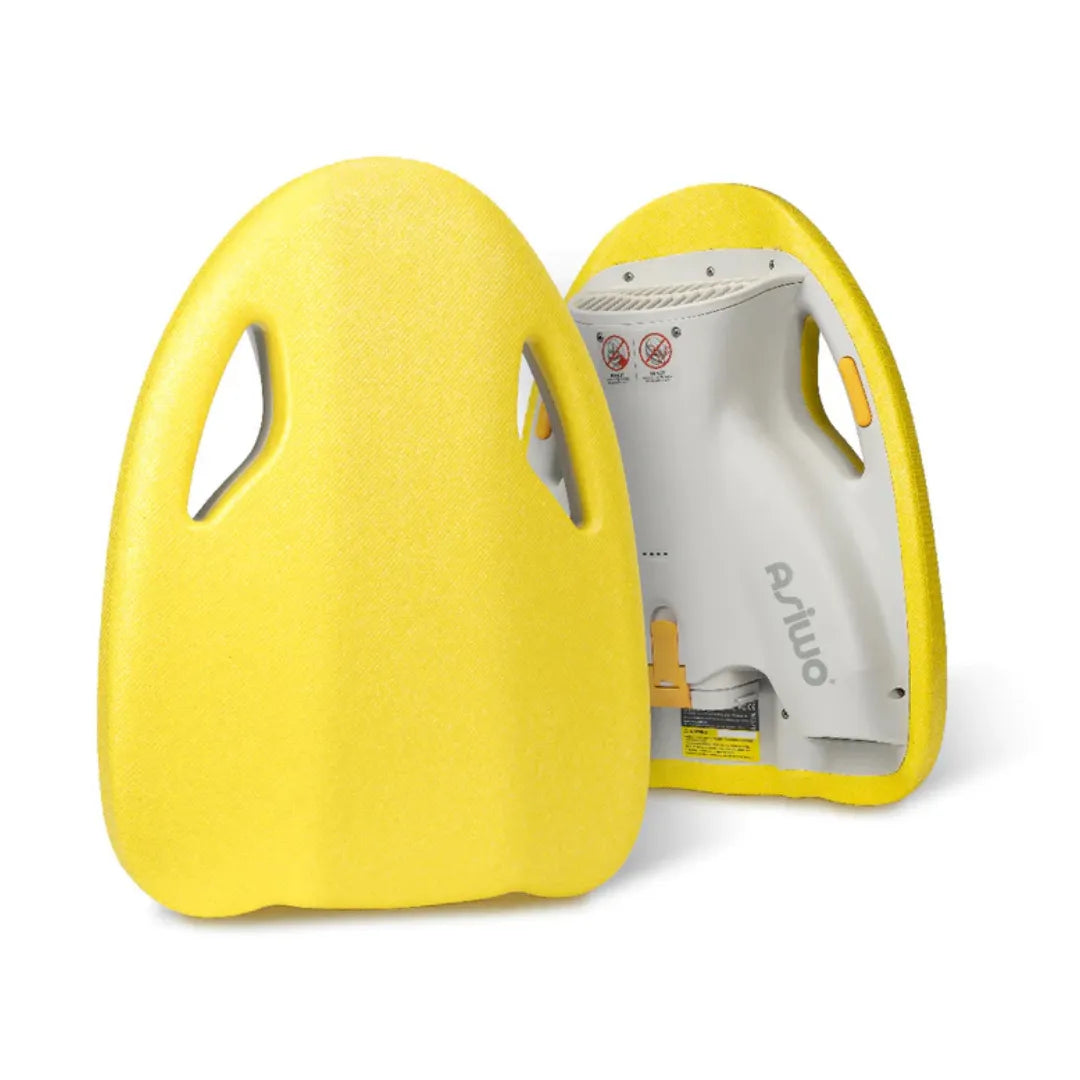 Electric Swim Board Asiwo Mako, vibrant yellow design, ergonomic shape, built-in motor for propulsion.