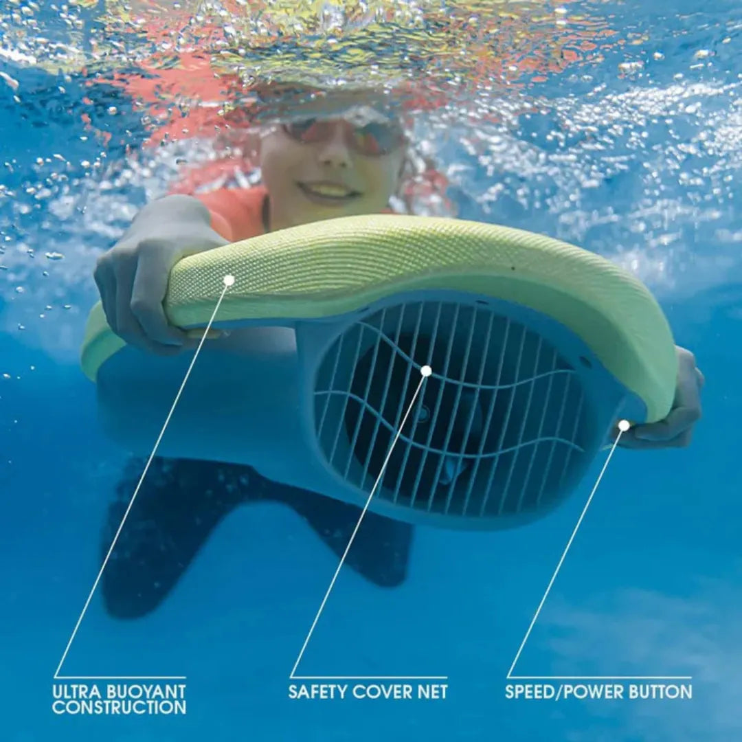 Electric Swim Board Asiwo Mako features ultra buoyant construction, safety cover net, and speed/power button.