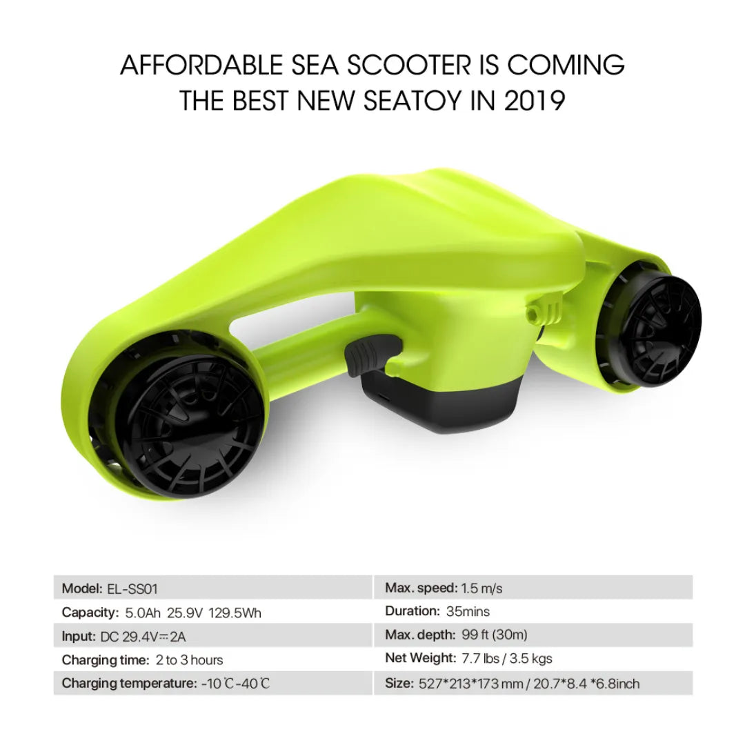 Electric Underwater Scooter Asiwo Manta, vibrant green design, max speed 1.5 m/s, 35 minutes duration.