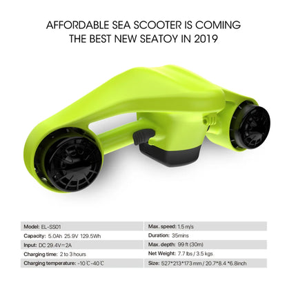 Electric Underwater Scooter Asiwo Manta, vibrant green design, max speed 1.5 m/s, 35 minutes duration.