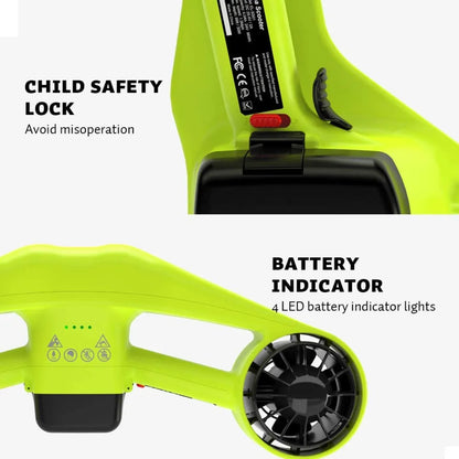 Electric Underwater Scooter Asiwo Manta, features child safety lock, 4 LED battery indicator lights.
