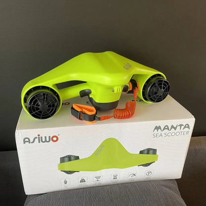 Electric Underwater Scooter Asiwo Manta features a vibrant green design, resting on its branded packaging.