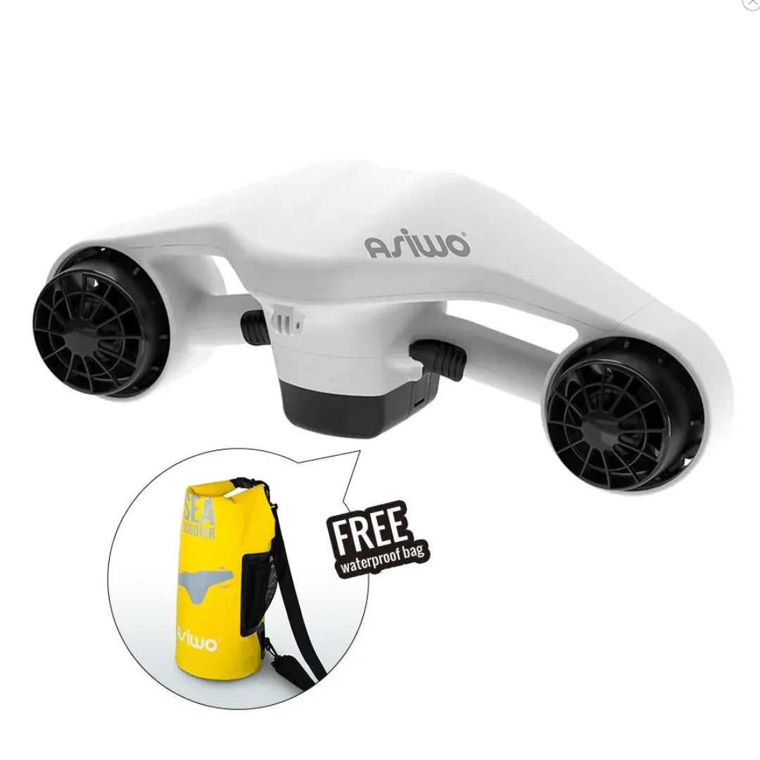 Electric Underwater Scooter Asiwo Manta, sleek white design, includes free waterproof bag.