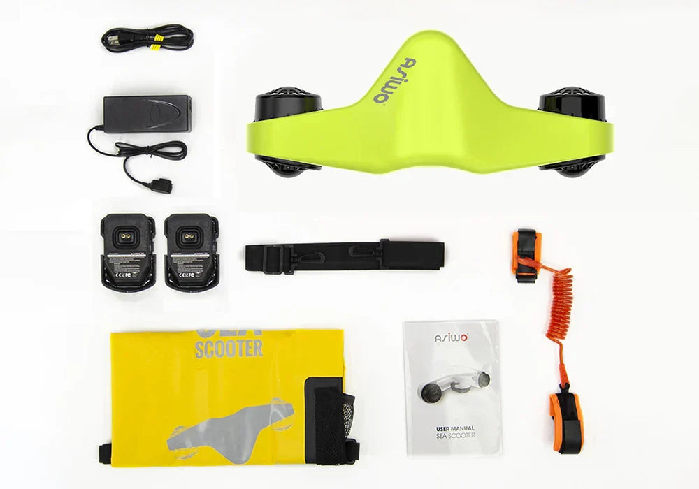 Asiwo Manta – lime green variant and accessories flat lay