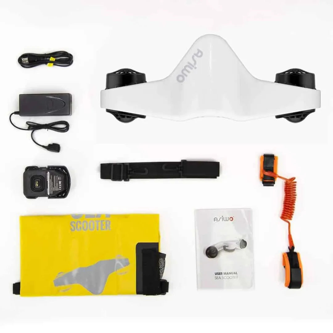 Electric Underwater Scooter Asiwo Manta includes the scooter, charger, user manual, and accessories.