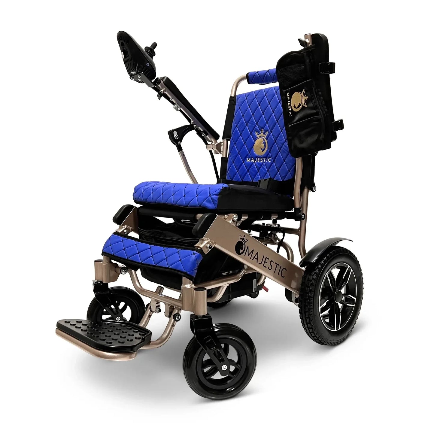 Electric wheelchair ComfyGO Majestic IQ 8000 – blue quilted seat and backrest