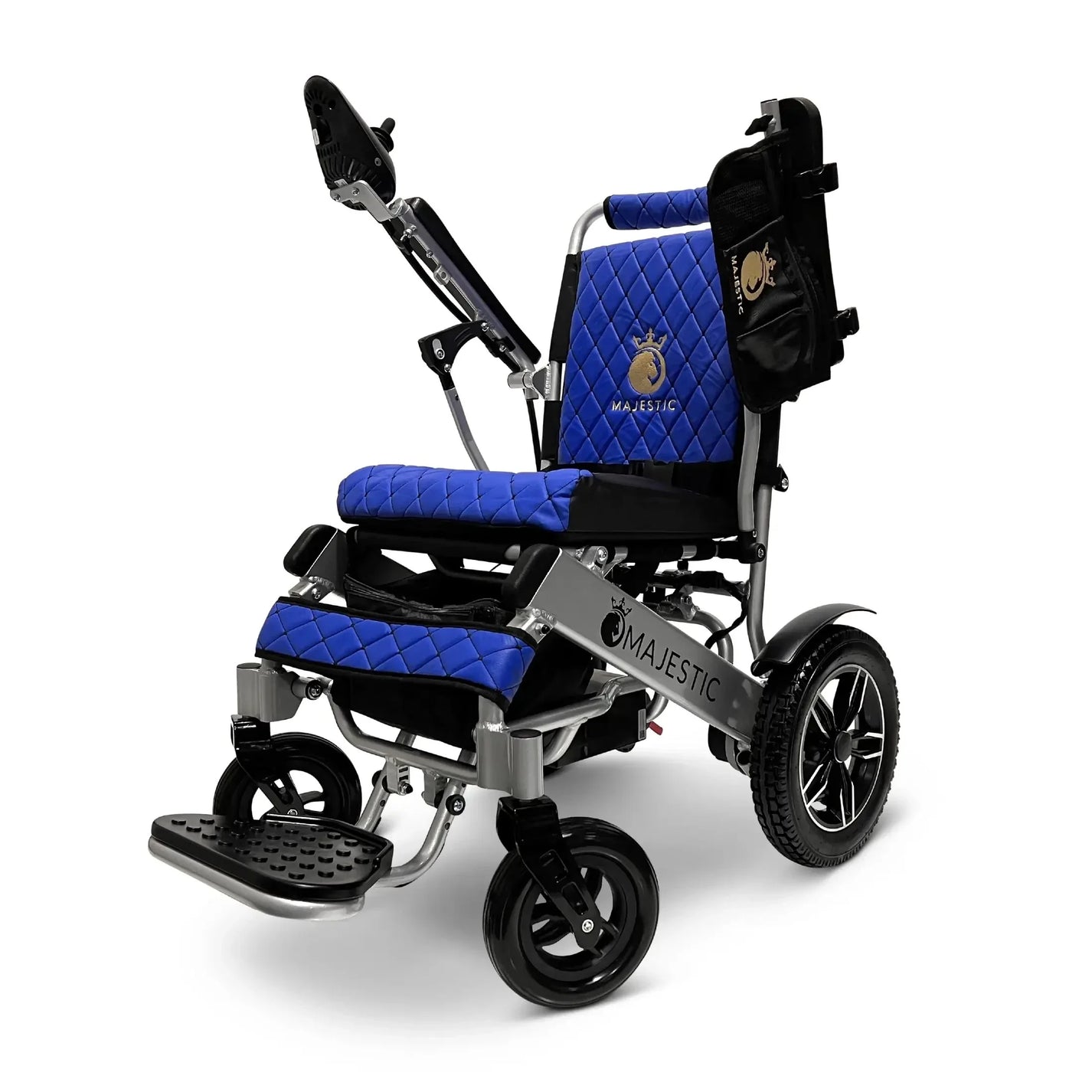 Electric wheelchair ComfyGO Majestic IQ 8000 – blue quilted seat and backrest