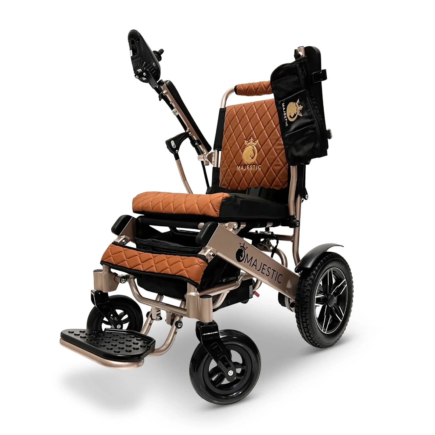 Electric wheelchair ComfyGO Majestic IQ 8000 – front three-quarter view, brown quilted seat