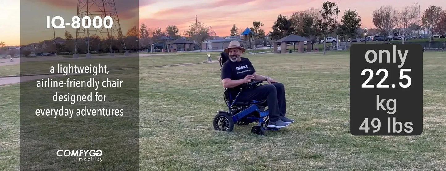 Electric wheelchair ComfyGO Majestic IQ 8000 – man in chair on grass, weight overlay