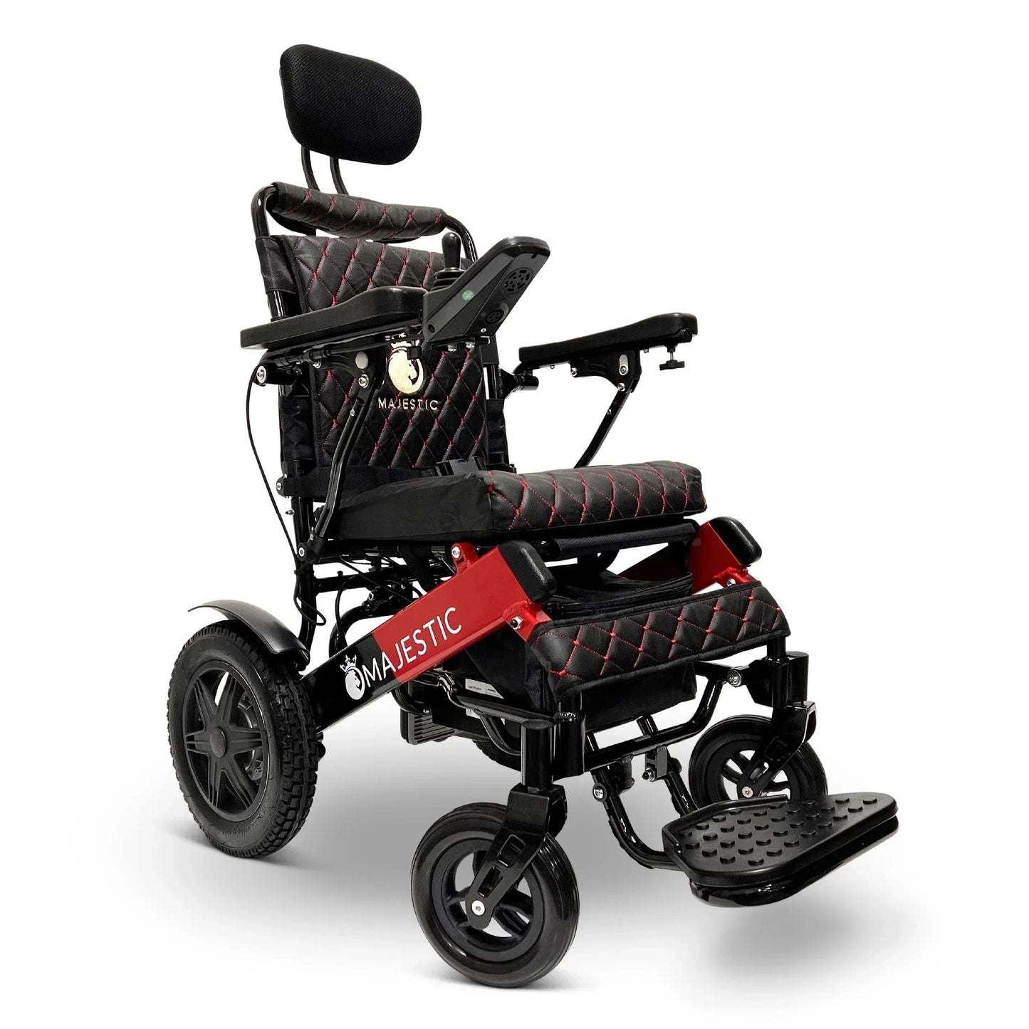 Electric wheelchair ComfyGO Majestic IQ 9000 – front three-quarter view, quilted black seat