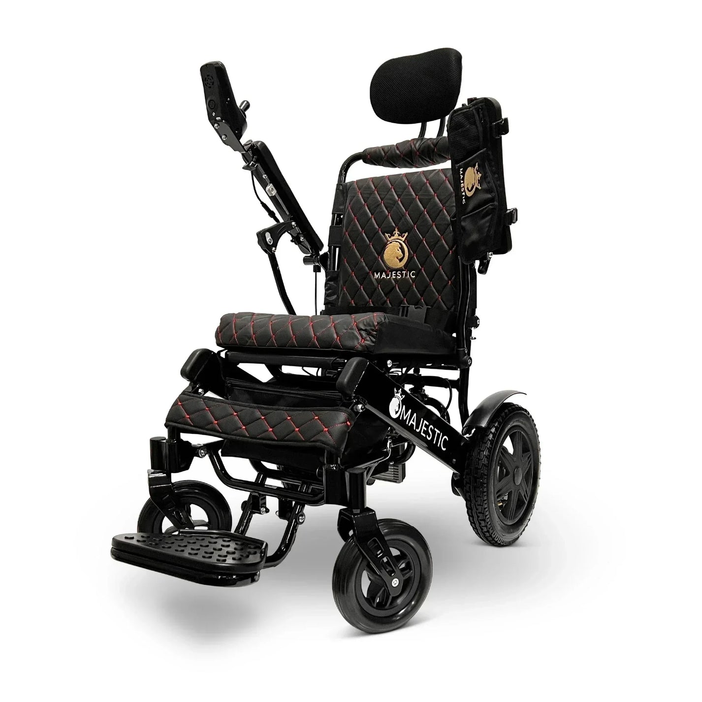 Electric wheelchair ComfyGO Majestic IQ 9000 – front three-quarter view, black with gold stitching
