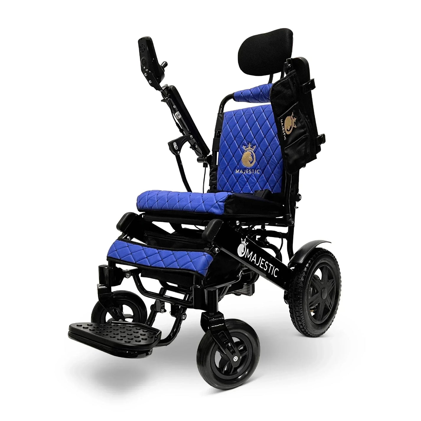 Electric wheelchair ComfyGO Majestic IQ 9000 - Automatic Recline – front three-quarter view, blue upholstery
