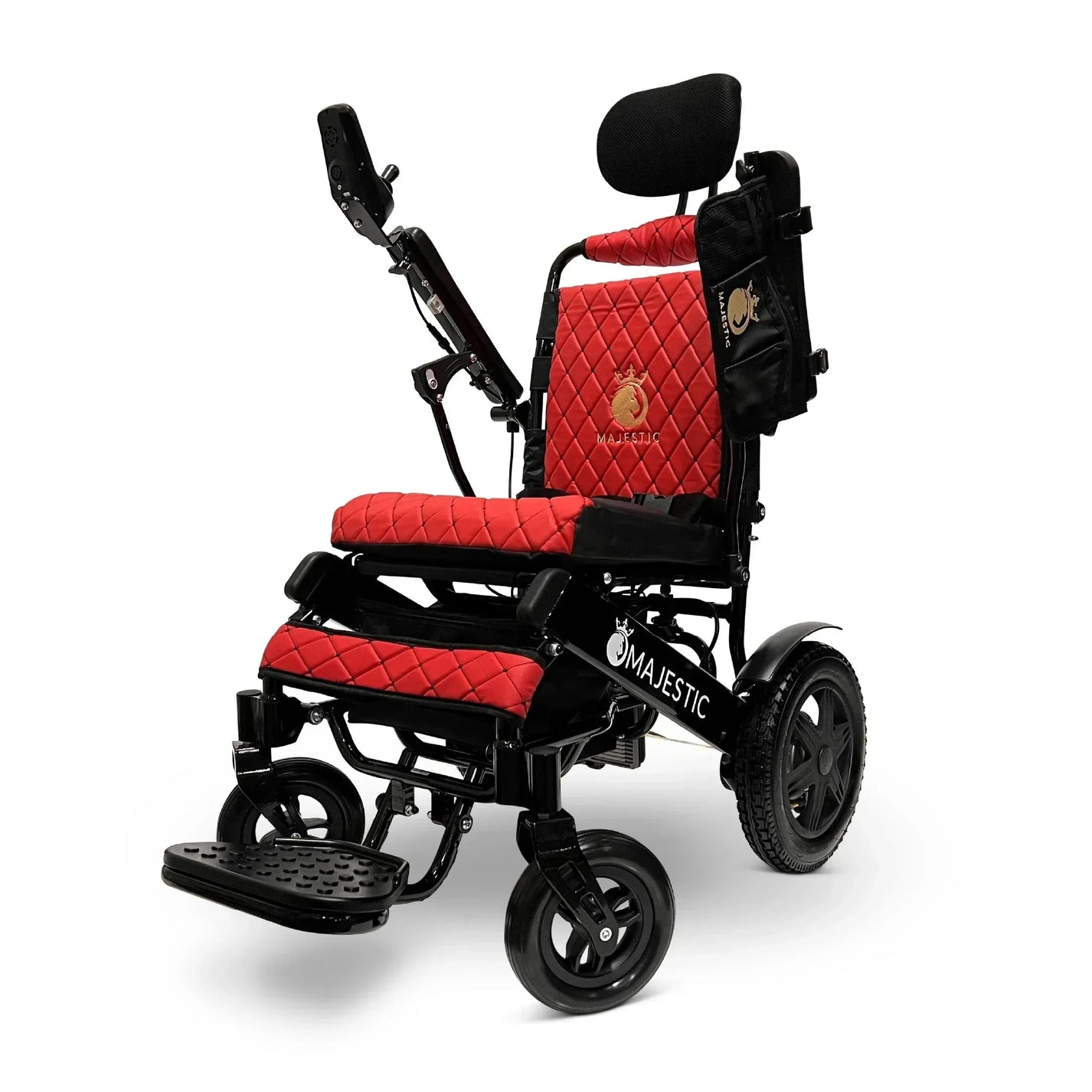 Electric wheelchair ComfyGO Majestic IQ 9000 – front three-quarter view, red with black stitching
