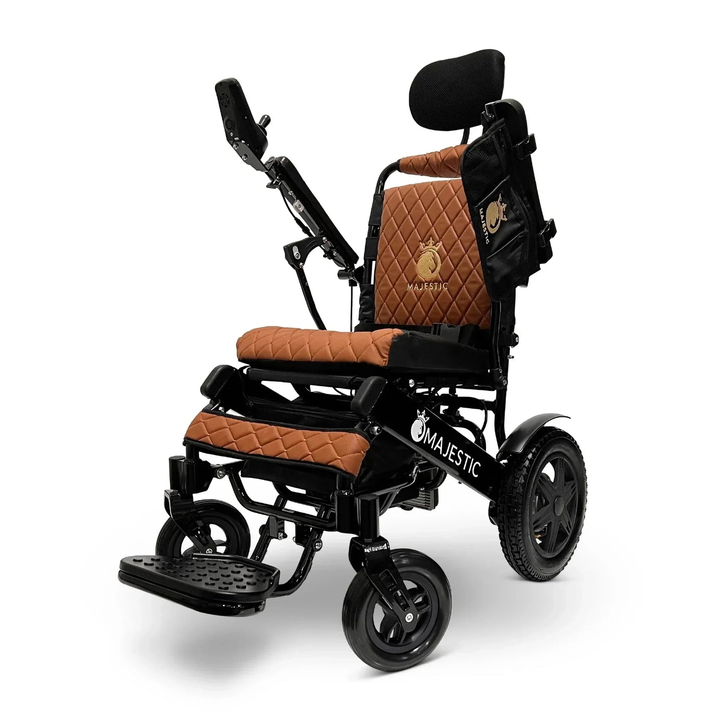 Electric wheelchair ComfyGO Majestic IQ 9000 – front three-quarter view, brown with black stitching
