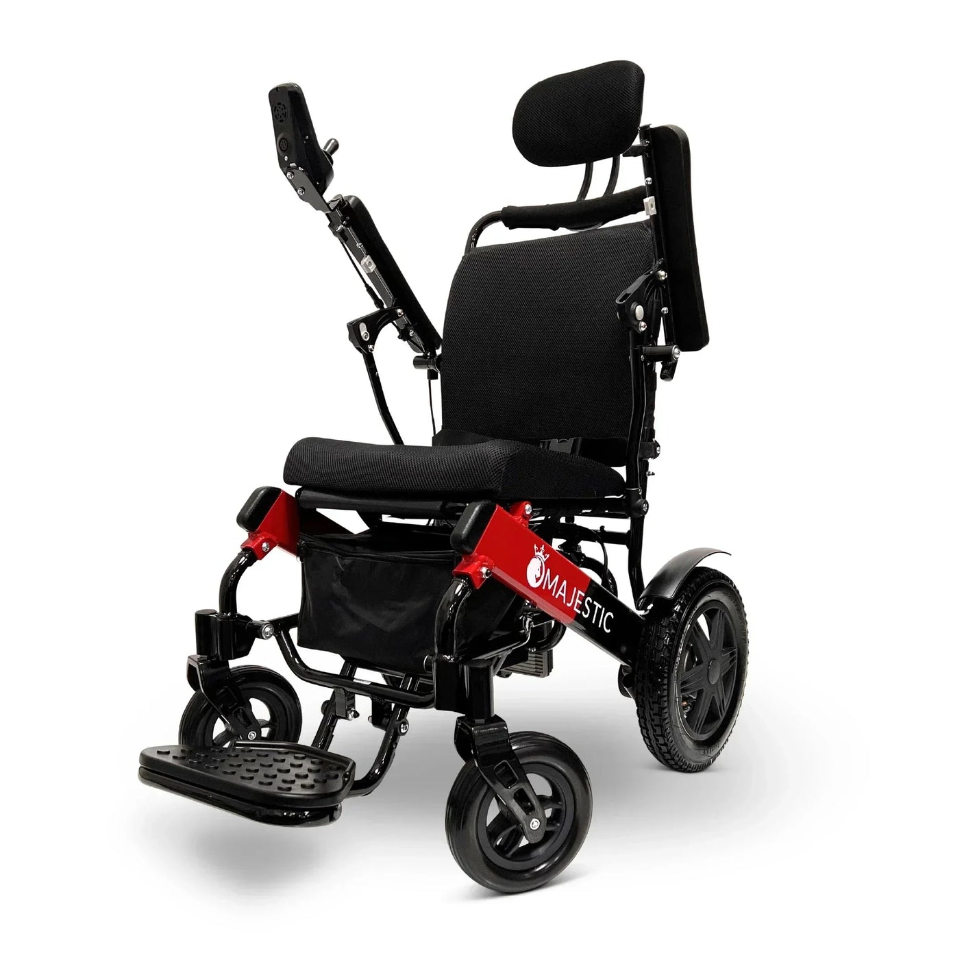 Electric wheelchair ComfyGO Majestic IQ 9000 – front three-quarter view, plain black upholstery