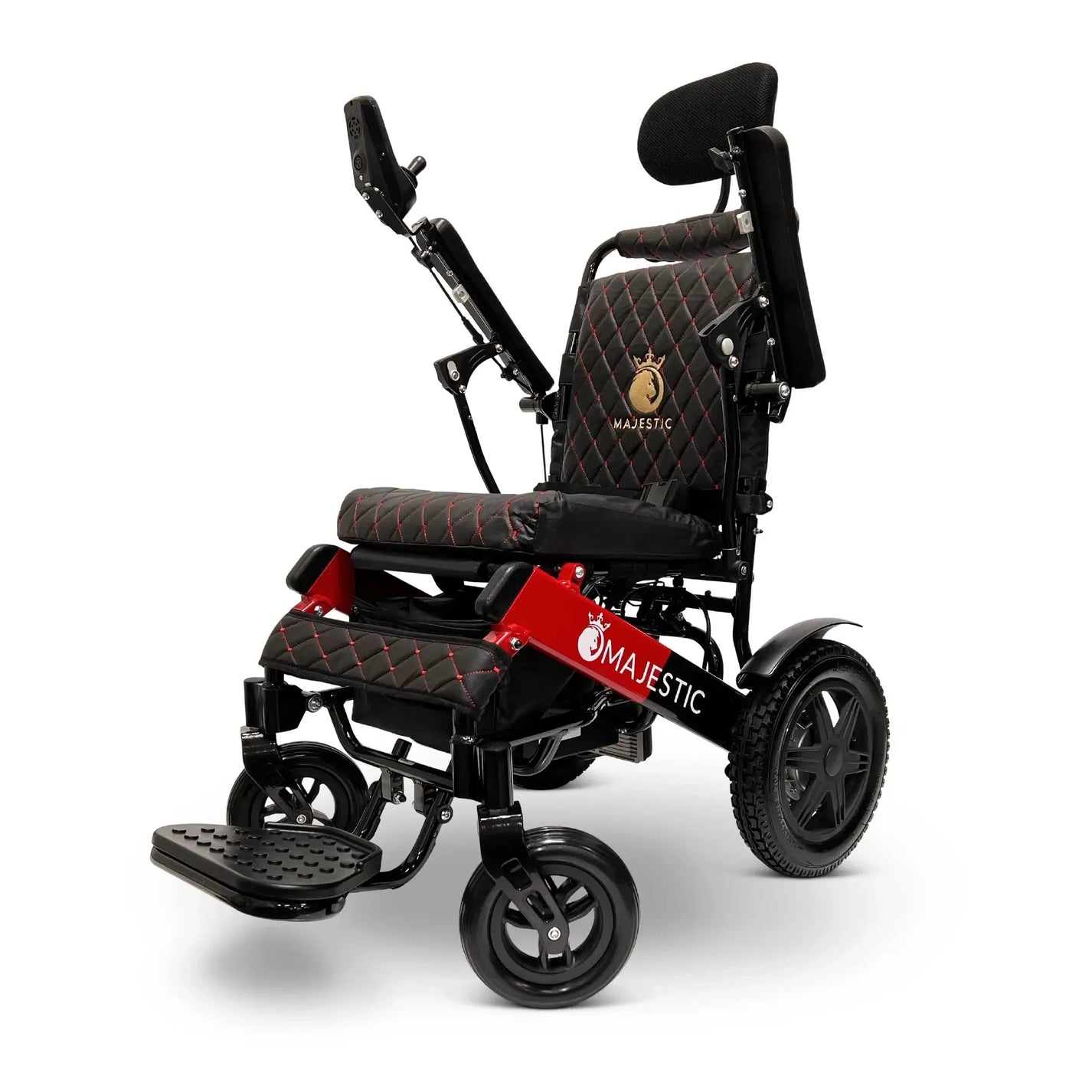 Electric wheelchair ComfyGO Majestic IQ 9000 - Automatic Recline – front three-quarter view, black and red upholstery