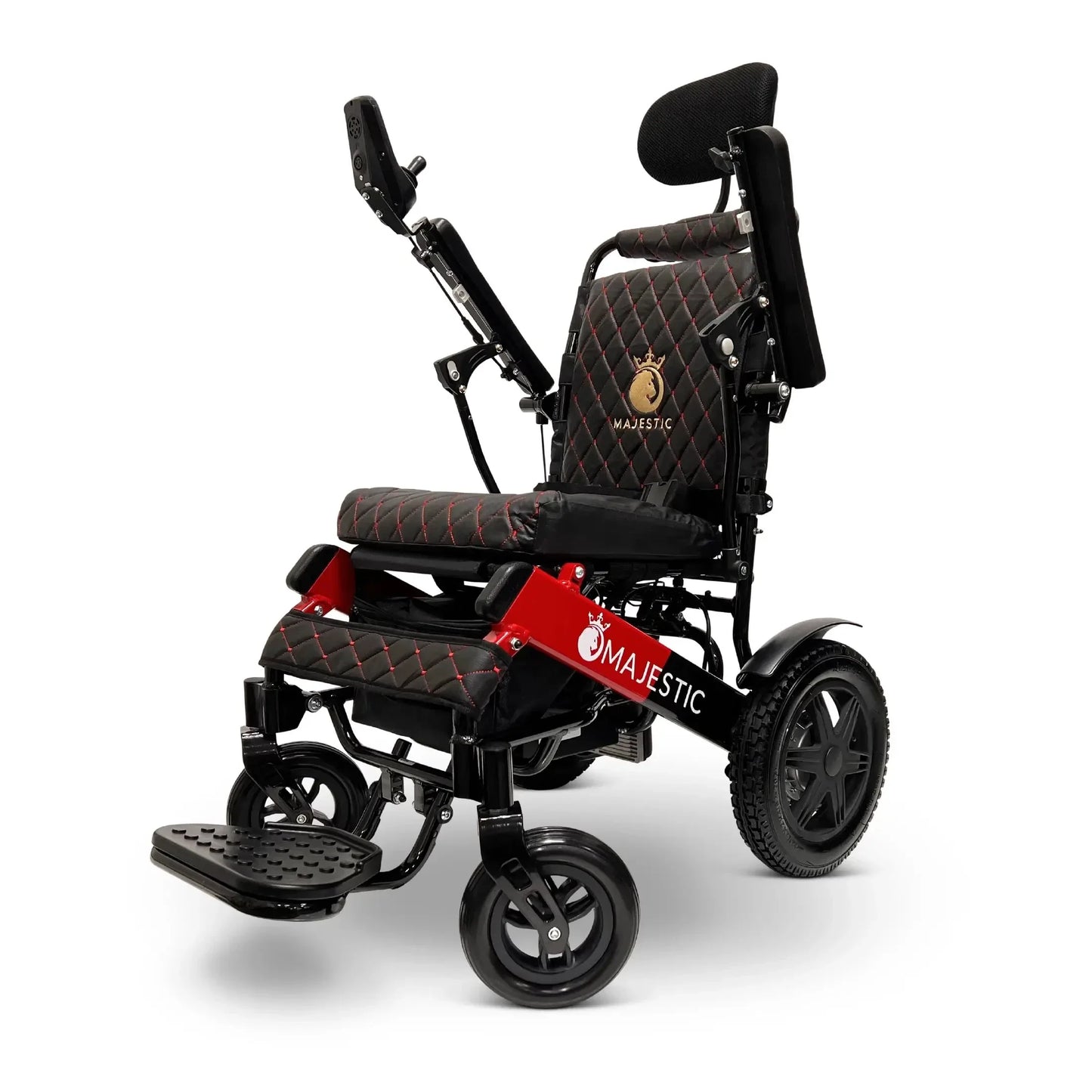 Electric wheelchair ComfyGO Majestic IQ 9000 – front three-quarter view, black with red stitching