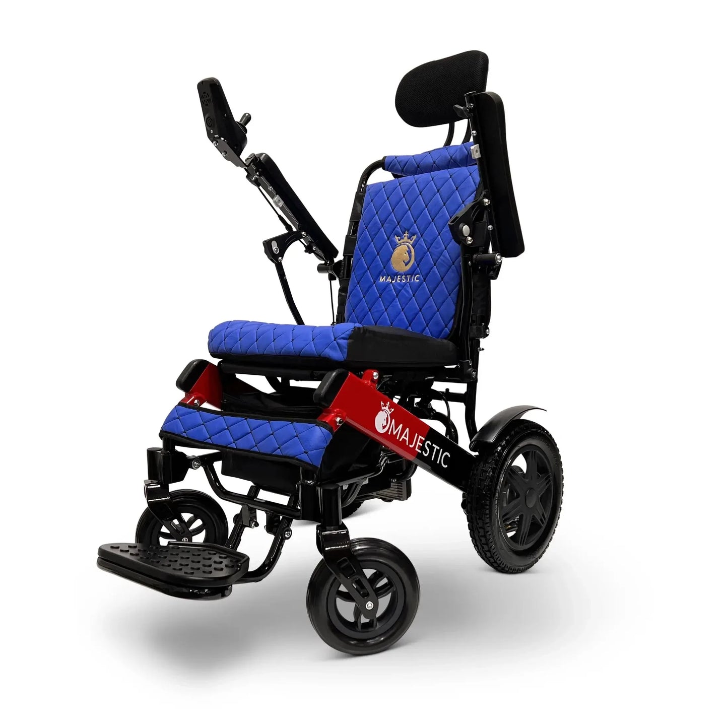 Electric wheelchair ComfyGO Majestic IQ 9000 – front three-quarter view, blue upholstery