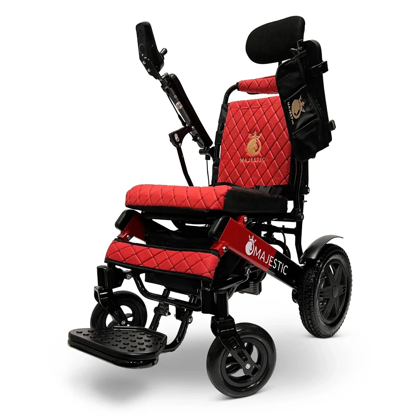 Electric wheelchair ComfyGO Majestic IQ 9000 – front three-quarter view, red upholstery