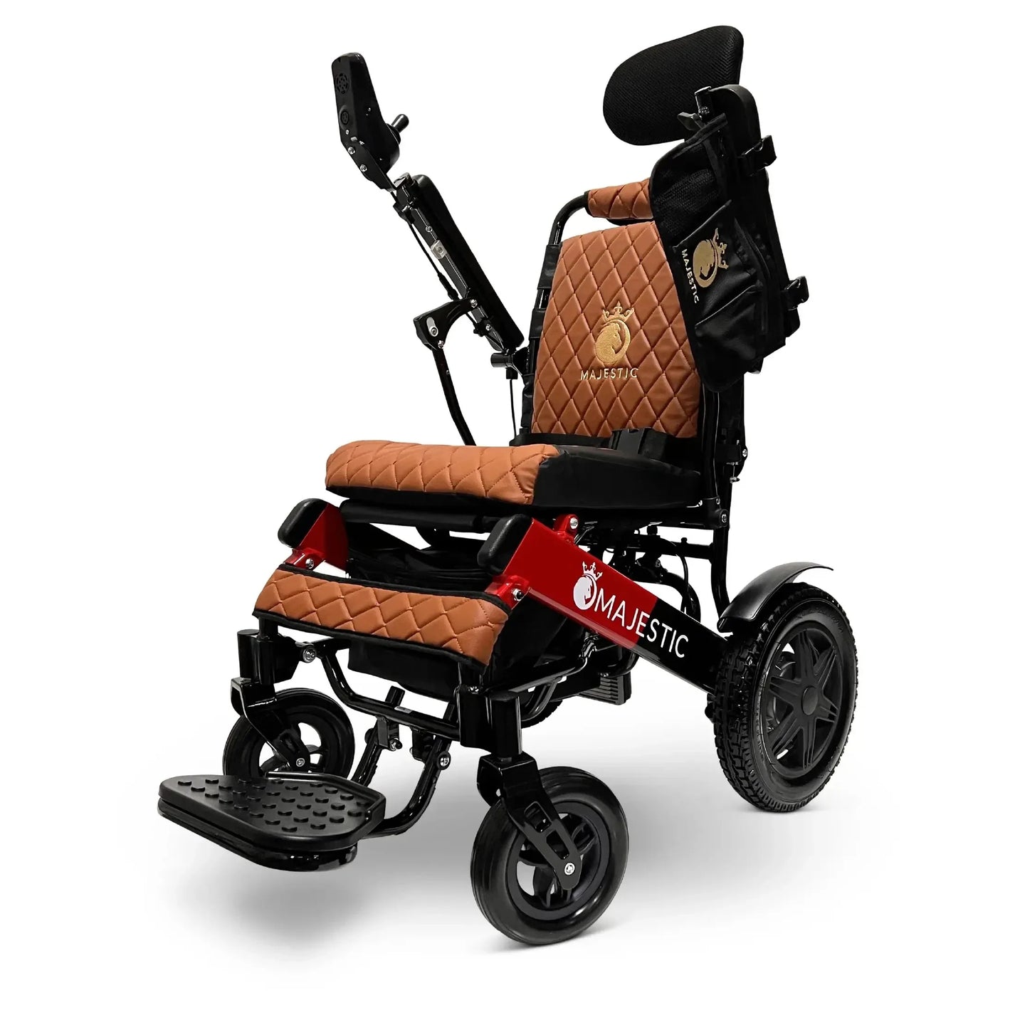 Electric wheelchair ComfyGO Majestic IQ 9000 - Automatic Folding – front three-quarter view, brown seat