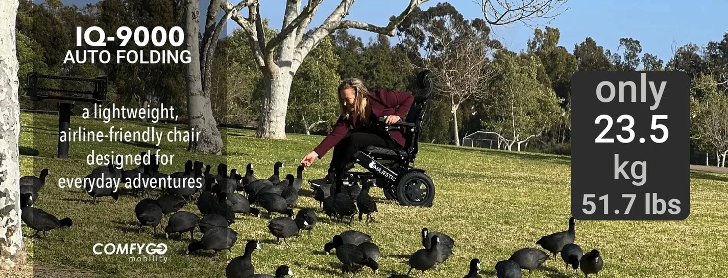 Electric wheelchair ComfyGO Majestic IQ 9000 – person feeding ducks, outdoor setting
