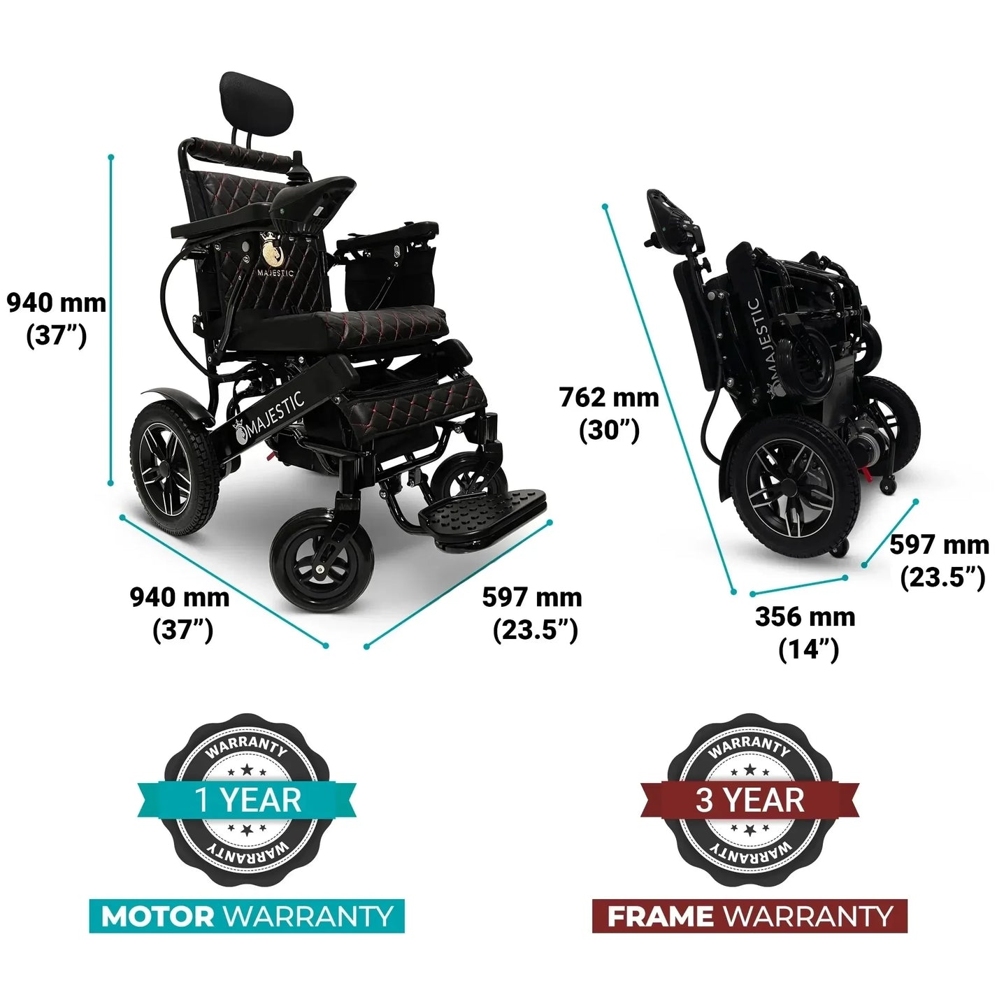 Electric wheelchair ComfyGO Majestic IQ 9000 – dimensions infographic, quilted black seat, warranty details