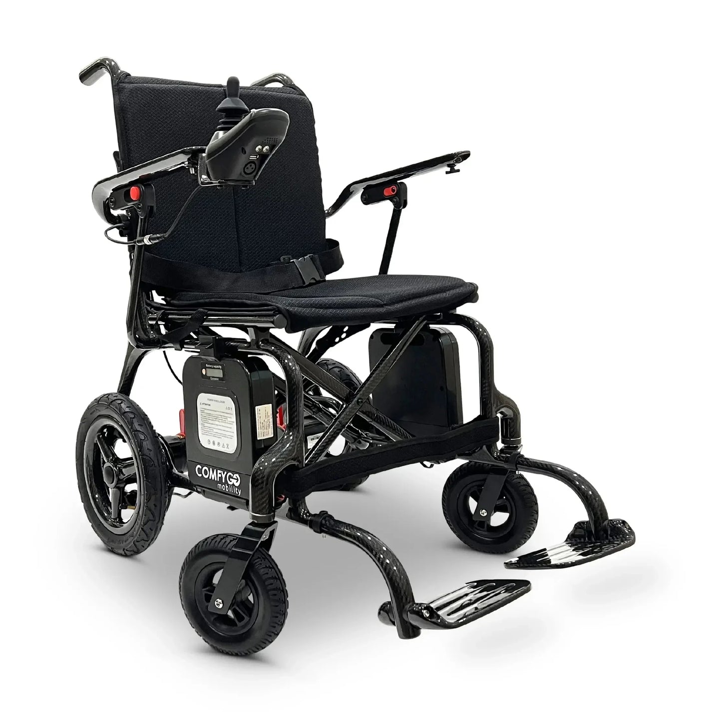 Electric wheelchair ComfyGO Phoenix Carbon – front three-quarter view, black colour variant