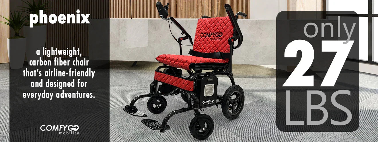 Electric wheelchair ComfyGO Phoenix Carbon – red colour variant, folded side view