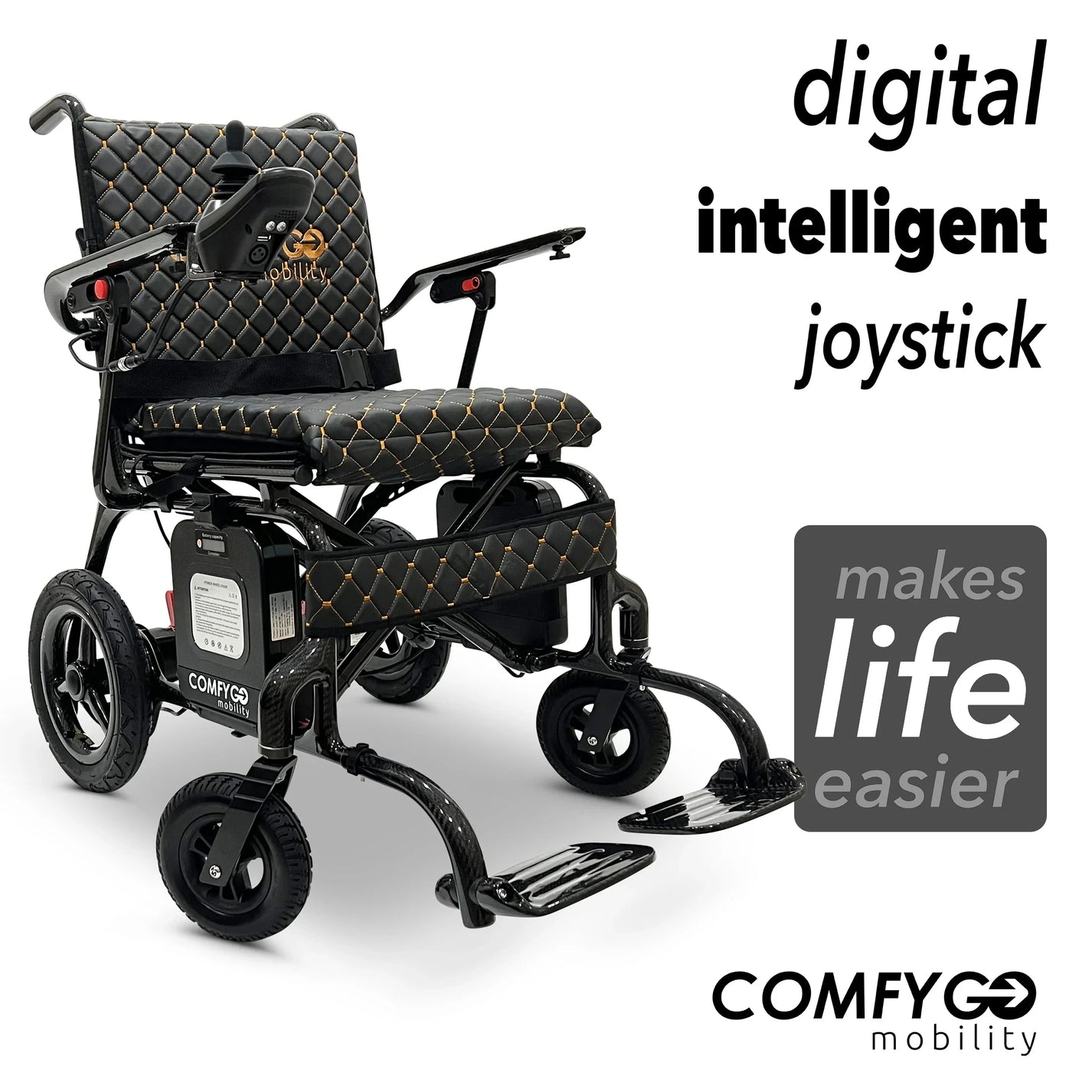 Electric wheelchair ComfyGO Phoenix Carbon – front three-quarter view, black and gold