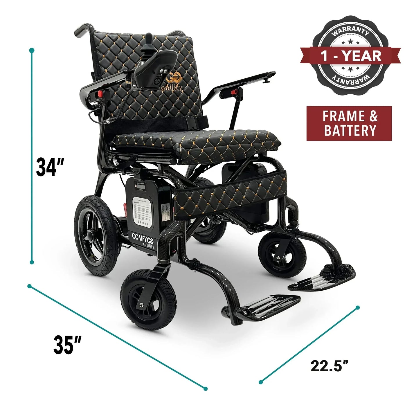 Electric wheelchair ComfyGO Phoenix Carbon – unfolded dimensions, front three-quarter view