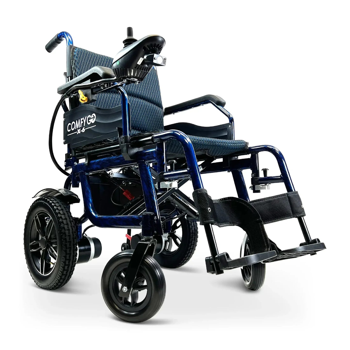Electric wheelchair ComfyGO X-6 – front three-quarter view, blue colour