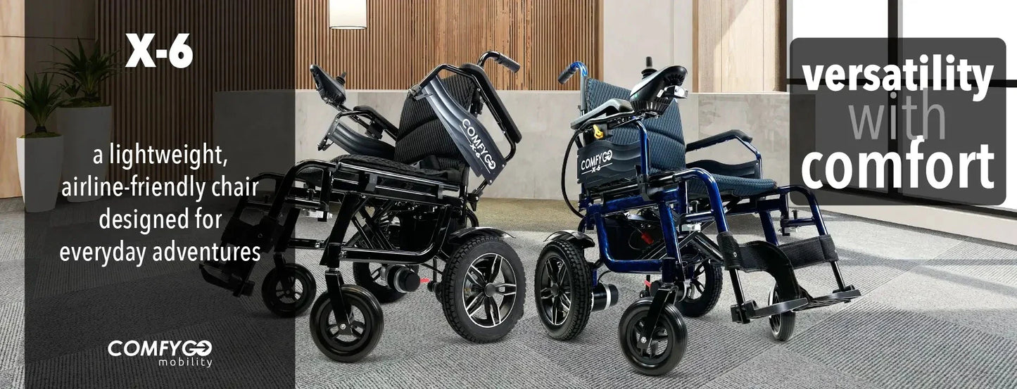 Electric wheelchair ComfyGO X-6 – two colour variants, black and blue