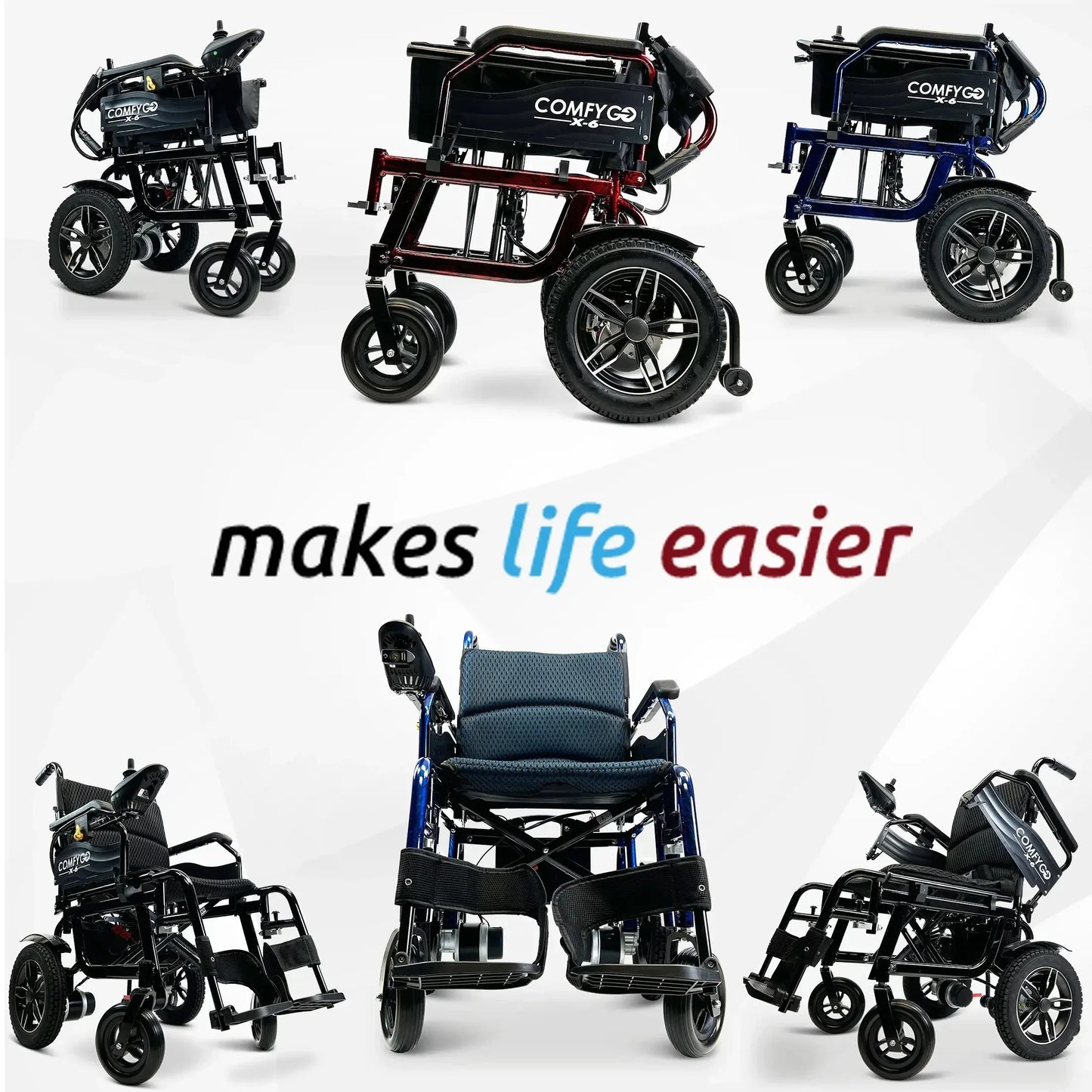 Electric wheelchair ComfyGO X-6 – multiple views of folded and unfolded chairs