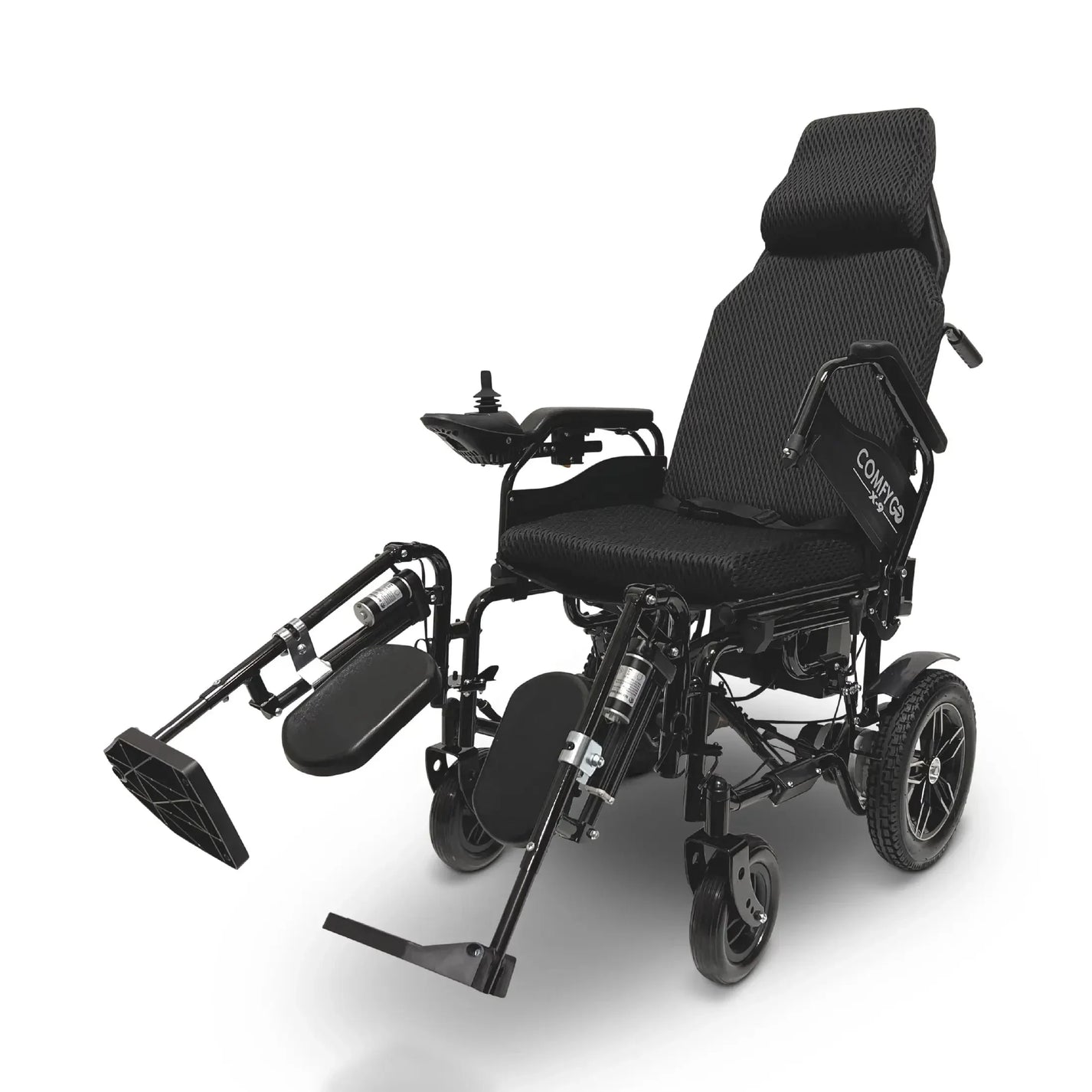 Electric wheelchair ComfyGO X-9 – front three-quarter view, black upholstery