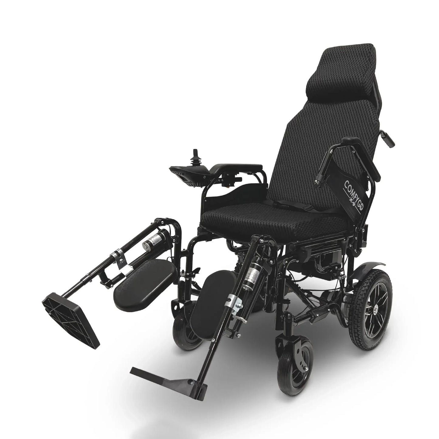 Electric wheelchair ComfyGO X-9 – front three-quarter view, black upholstery