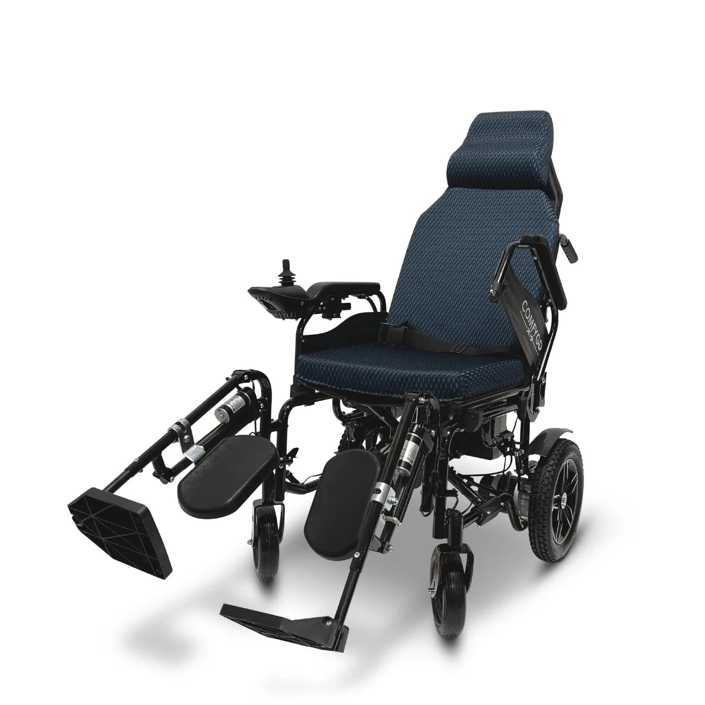 Electric wheelchair ComfyGO X-9 – front three-quarter view, blue upholstery