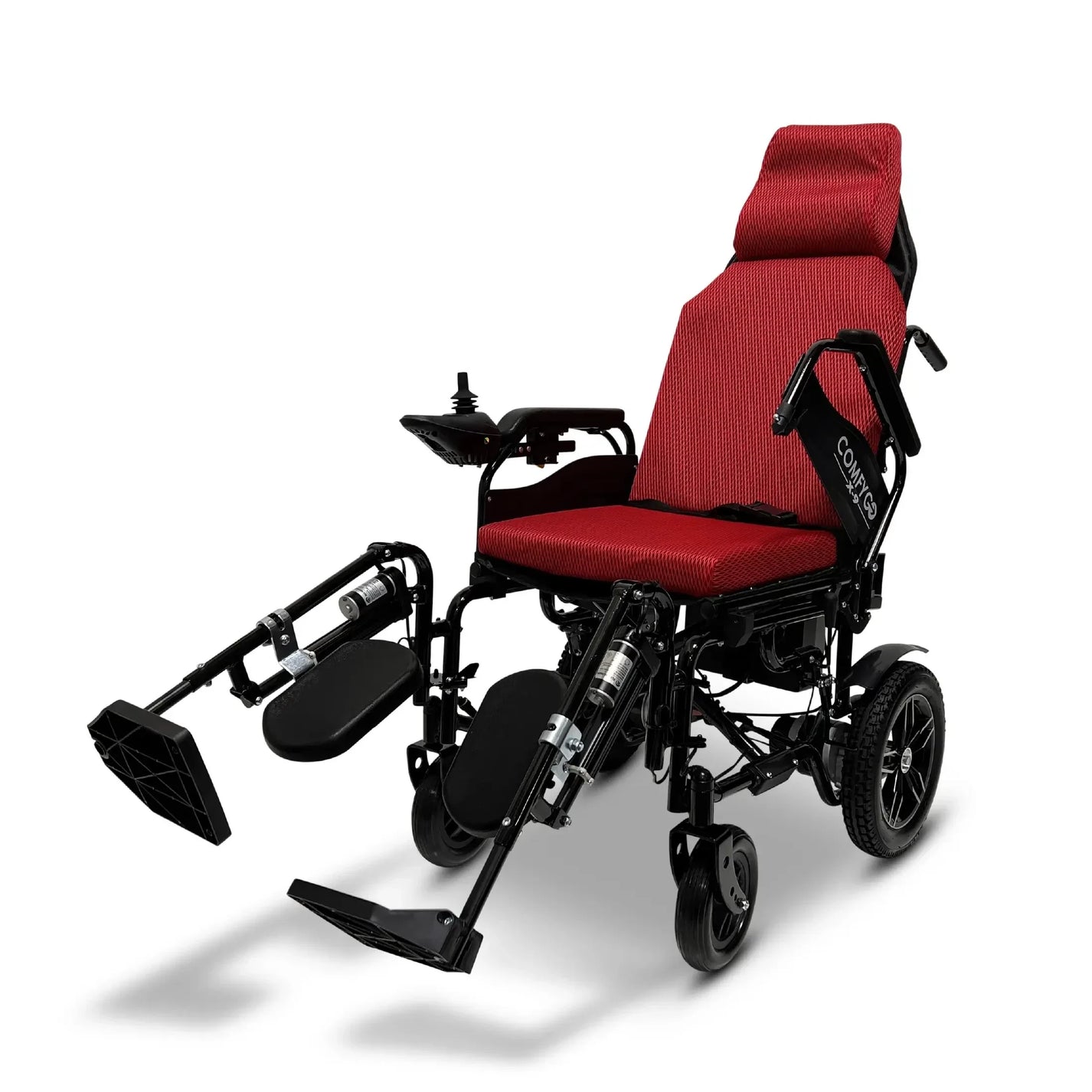 Electric wheelchair ComfyGO X-9 – front three-quarter view, red upholstery