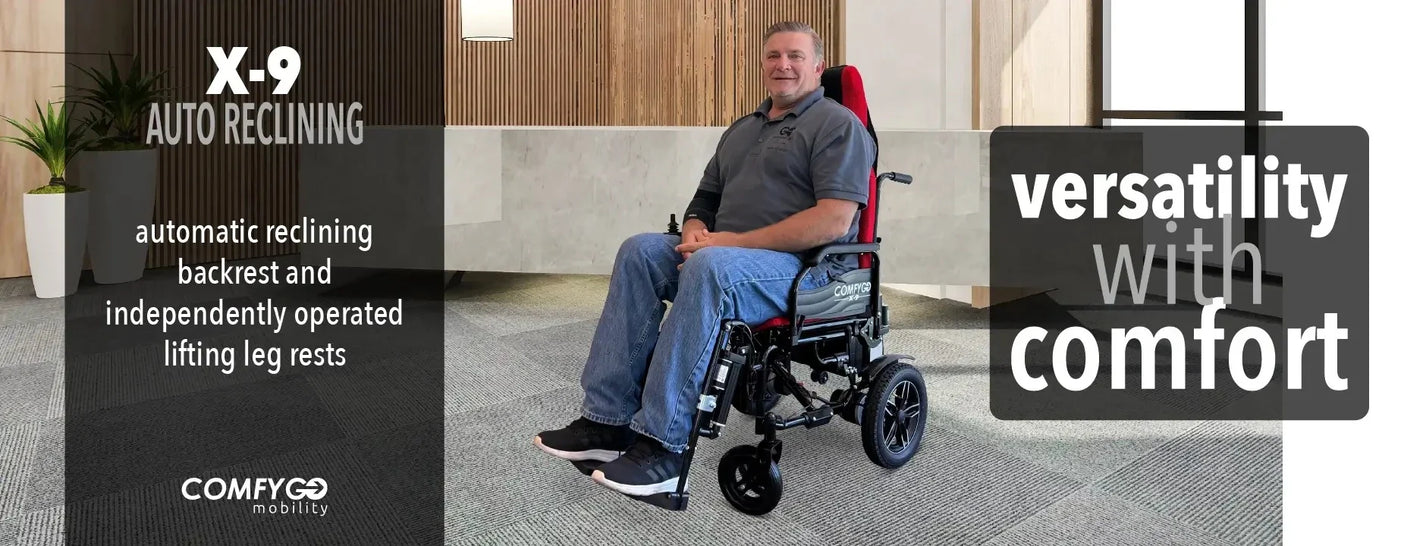 Electric wheelchair ComfyGO X-9 – man seated in red wheelchair, reclined