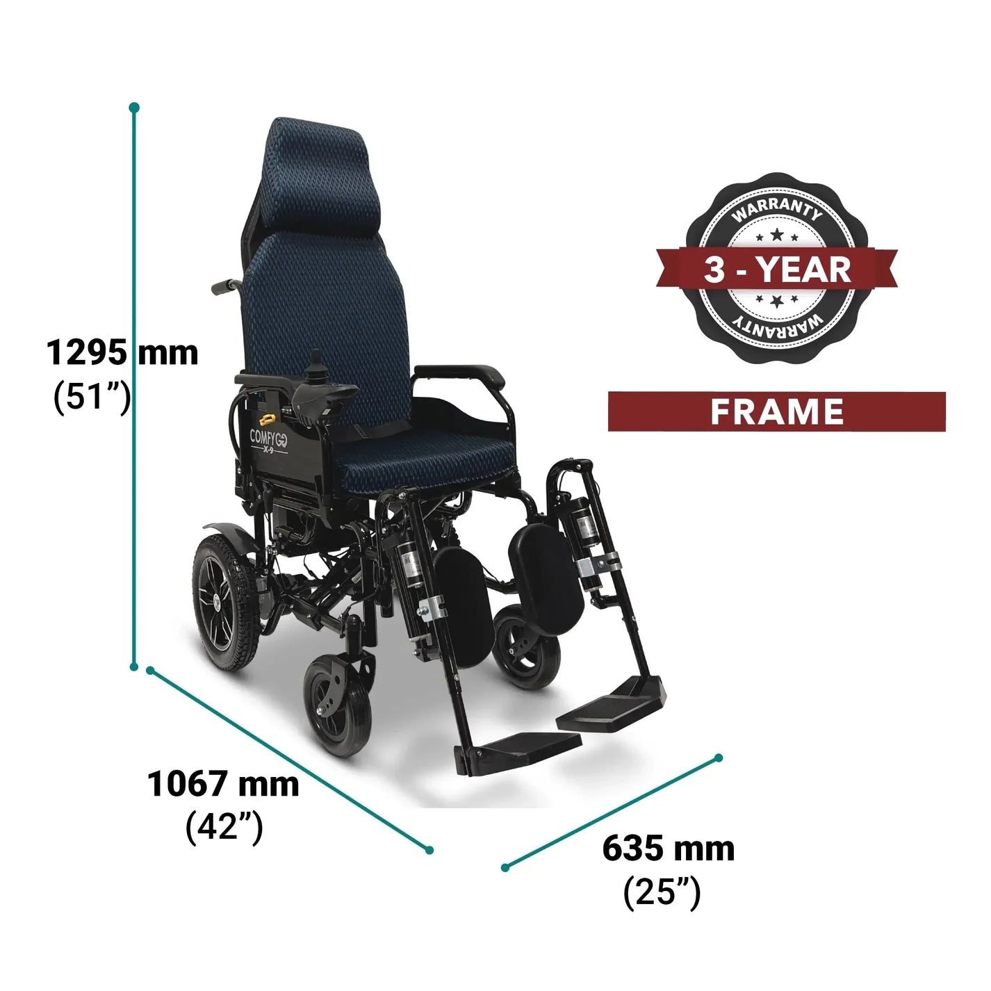 Electric wheelchair ComfyGO X-9 – unfolded dimensions and warranty information