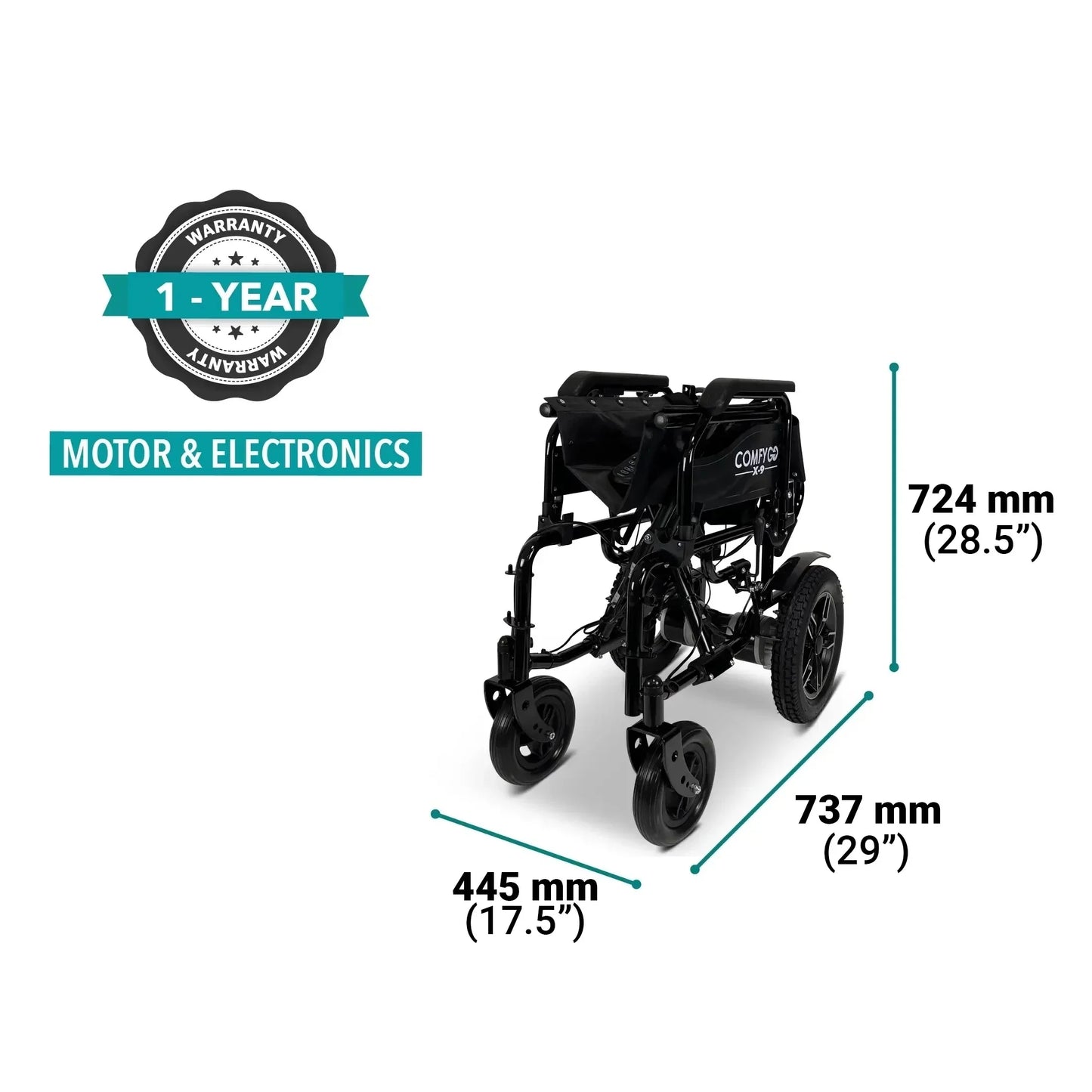 Electric wheelchair ComfyGO X-9 – folded dimensions and warranty information