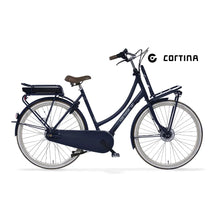 Električno kolo Cortina E U4 Transport v mornarsko modri barvi s klasičnim dizajnom in udobnim sedežem.