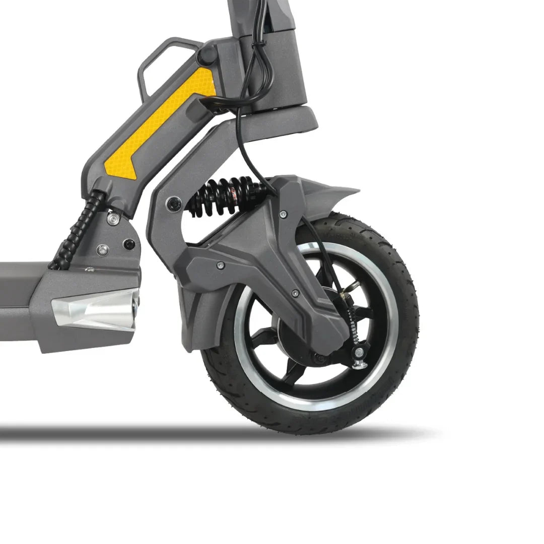 Close-up of the front wheel and suspension system of the Dualtron Togo electric scooter