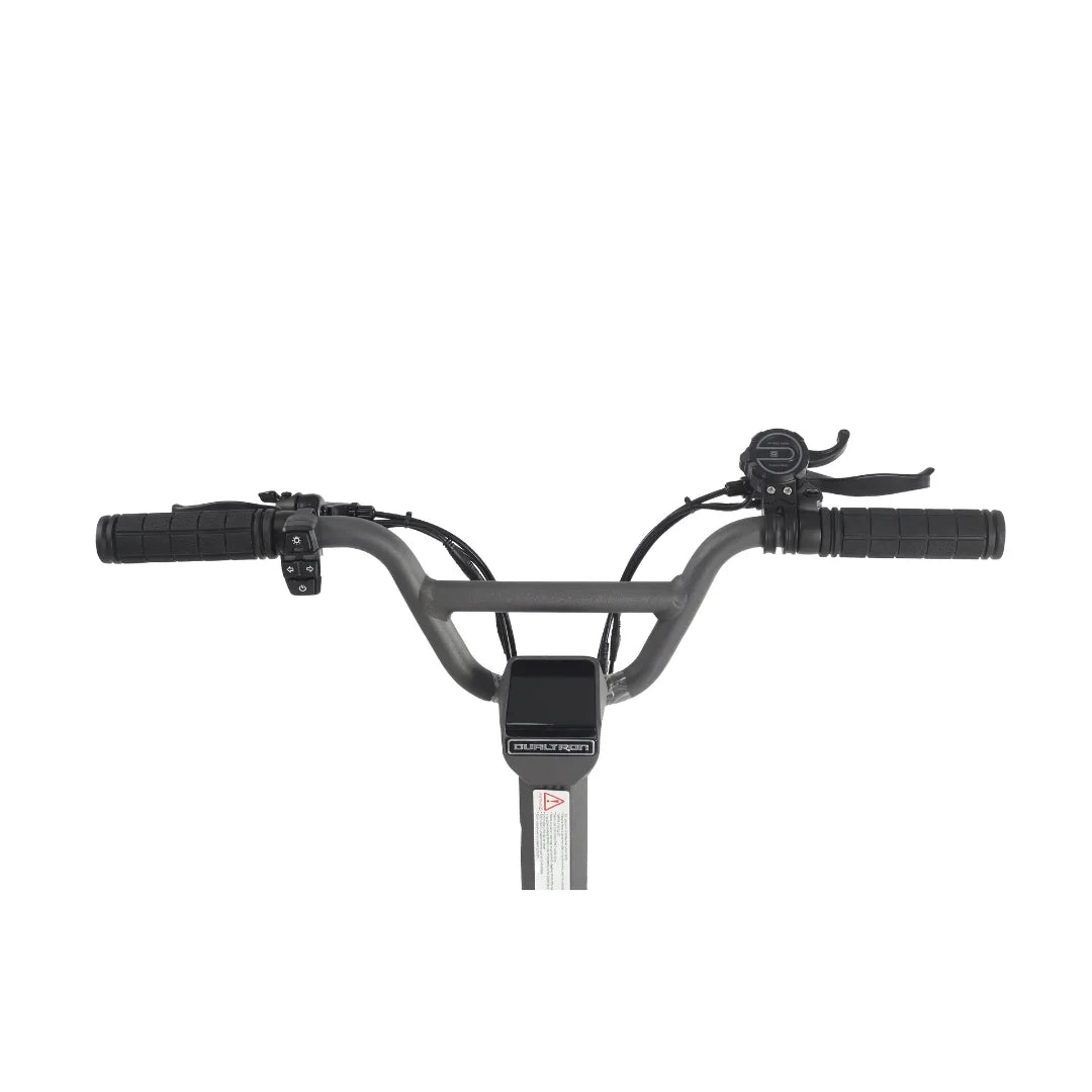 A close-up of the steering wheel of the Dualtron Togo electric scooter, showing the handles and controls