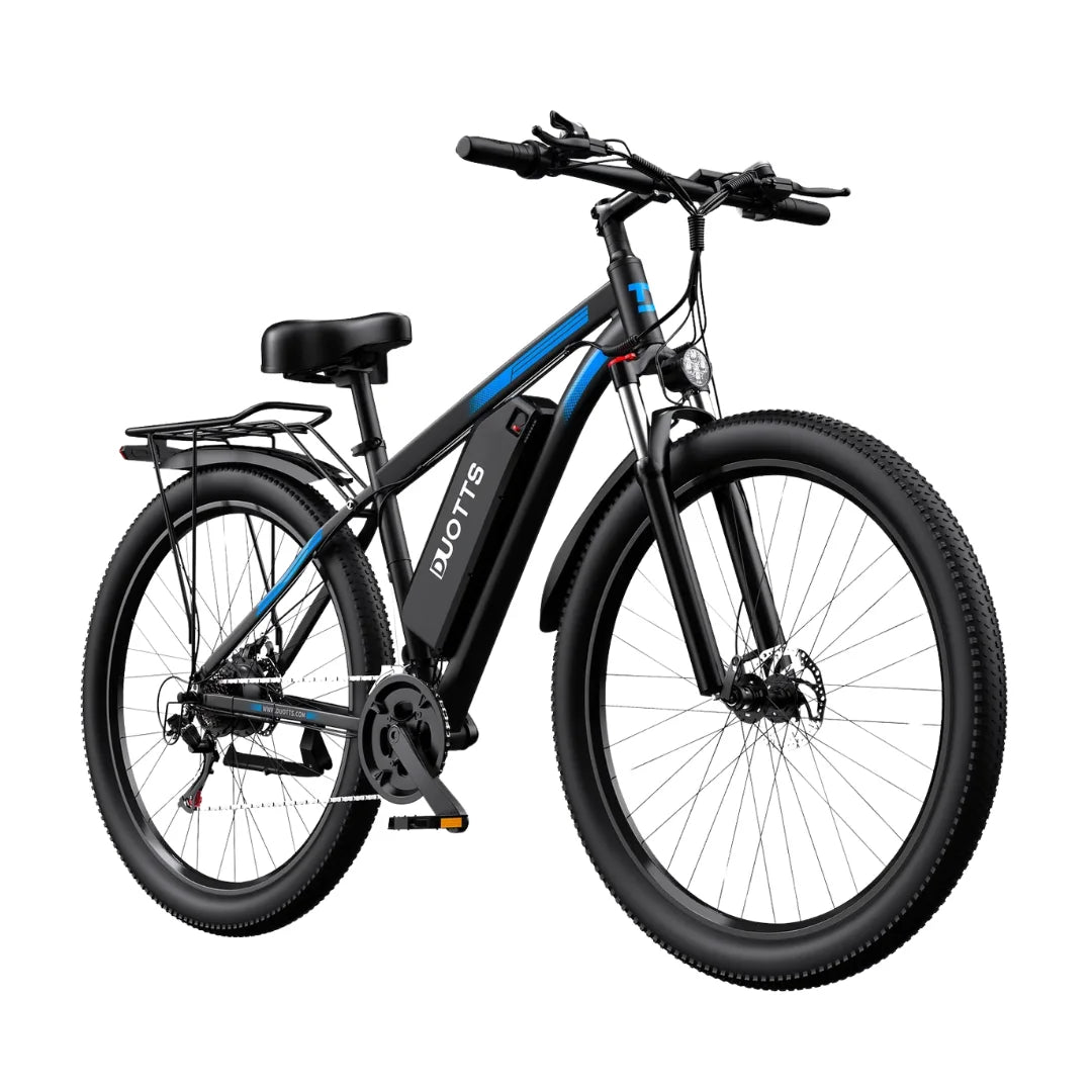 Electric Bike Duotts C29 features a sleek black frame with blue accents, sturdy tires, and a rear rack.