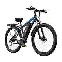 Electric Bike Duotts C29 features a sleek black frame with blue accents, sturdy tires, and a rear rack.